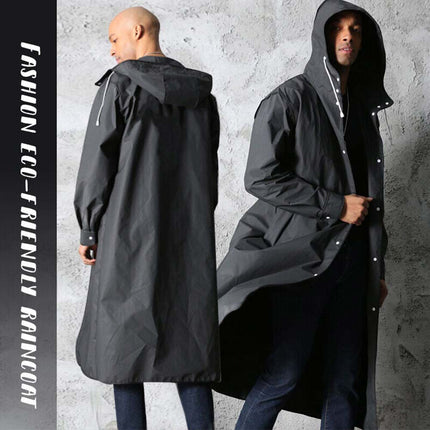 Waterproof Long Men's Raincoat, Black Hooded Trench Jacket for Hiking