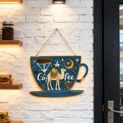 Coffee Bar Door Sign with Rope, Rustic Wooden Cup Plaque Wall Decor