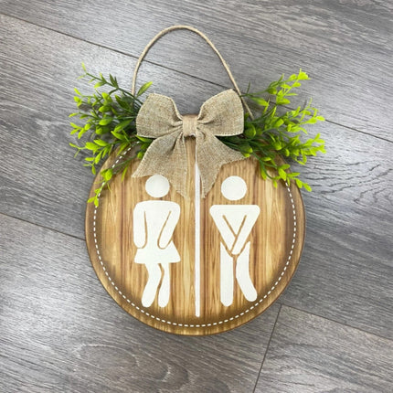 Wooden Toilet Sign Round Hanging Bathroom Door Plaque Wall Decor 23cm
