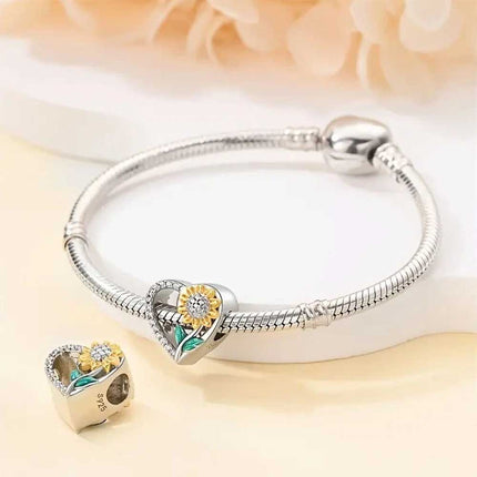 S925 Sterling Silver Sunflower Heart Charm European Bracelet Pendant