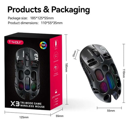 TWOLF X3 RGB Gaming Mouse: PixArt PAW3311 Sensor, 12000 DPI, 500mAh Battery, Dual Mode 2.4G Wireless/Wired for PC Gamer