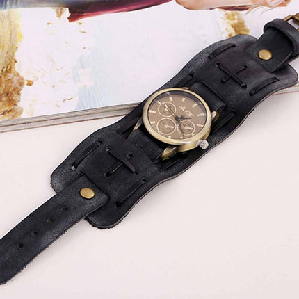 Retro Punk Leather Cuff Watch – Wide Band Quartz Wristwatch for Men