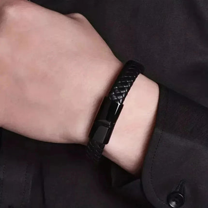 Men's 6mm Leather Braided Wristband with Magnetic Clasp, Black 21cm