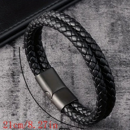 Men's 6mm Leather Braided Wristband with Magnetic Clasp, Black 21cm