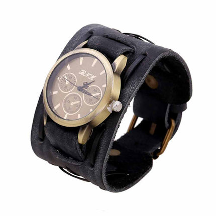 Retro Punk Leather Cuff Watch – Wide Band Quartz Wristwatch for Men