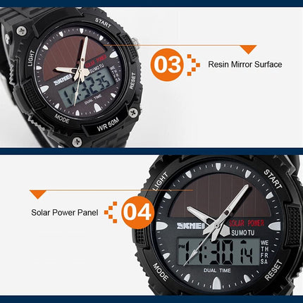 Men's Solar Sports Watch Dual Time LED Digital Waterproof Analog