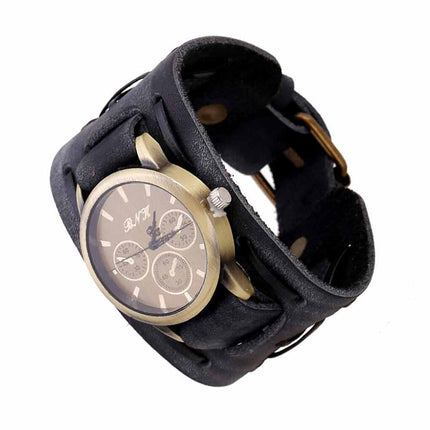 Retro Punk Leather Cuff Watch – Wide Band Quartz Wristwatch for Men