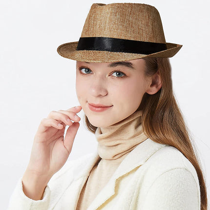 Men Women Summer Fedora Hat Straw Trilby Beach Sun Panama Cap Brim