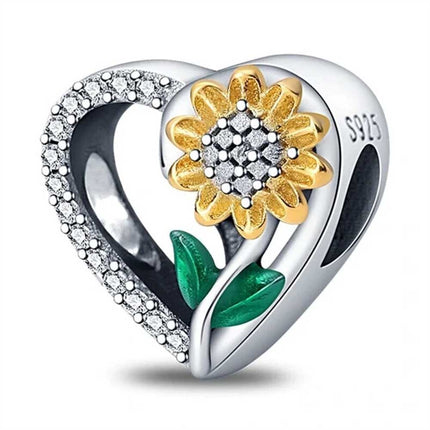 S925 Sterling Silver Sunflower Heart Charm European Bracelet Pendant