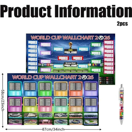 2X 2026 World Cup Football Wall Chart 87x58cm Foldable Schedule Poster