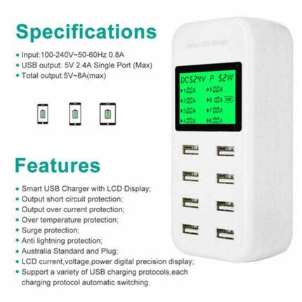 8 Port USB Charging Station Hub Multi Dock Phone Charger Power Adapter
