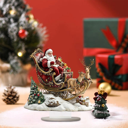 2D Santa & Reindeer Sleigh Flat Acrylic Ornament w/ Stand Desktop Decor
