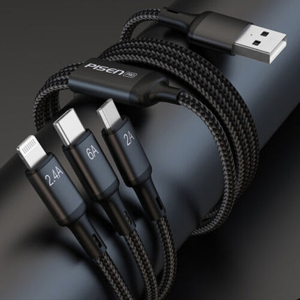 Pisen 3-in-1 Aluminum Alloy Braided Charging Cable for iPhone & Samsung