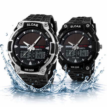 Men's Solar Sports Watch Dual Time LED Digital Waterproof Analog