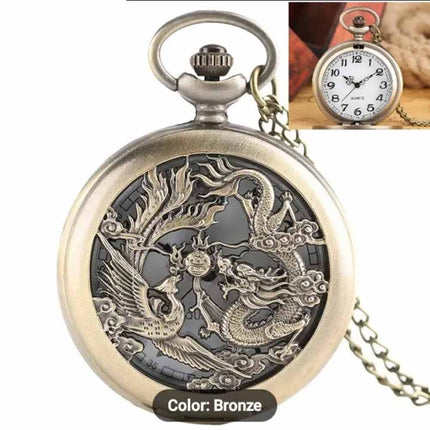 Vintage Bronze Quartz Pocket Watch with Dragon & Phoenix Chain