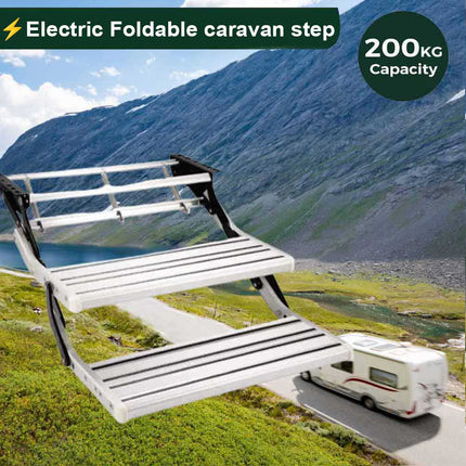 12V Electric Double Aluminium Caravan RV Step - Silver Pull-Out Drop-Down Model
