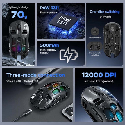 TWOLF X3 RGB Gaming Mouse: PixArt PAW3311 Sensor, 12000 DPI, 500mAh Battery, Dual Mode 2.4G Wireless/Wired for PC Gamer
