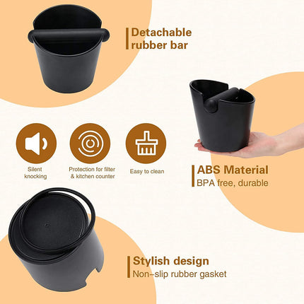 Coffee Waste Container with Knock Bar & Tamper Tube, Black Bucket for Barista