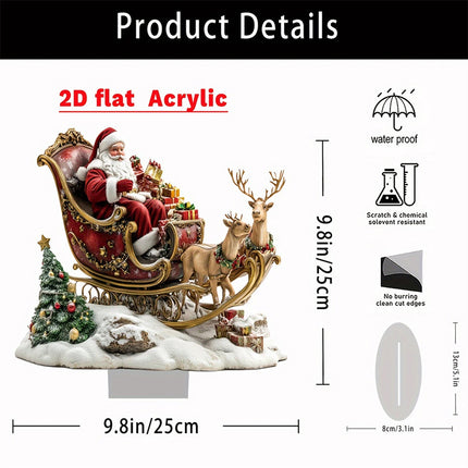 2D Santa & Reindeer Sleigh Flat Acrylic Ornament w/ Stand Desktop Decor