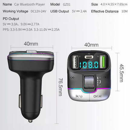 Bluetooth 5.3 Car FM Transmitter Wireless USB PD Fast Charger MP3 Player