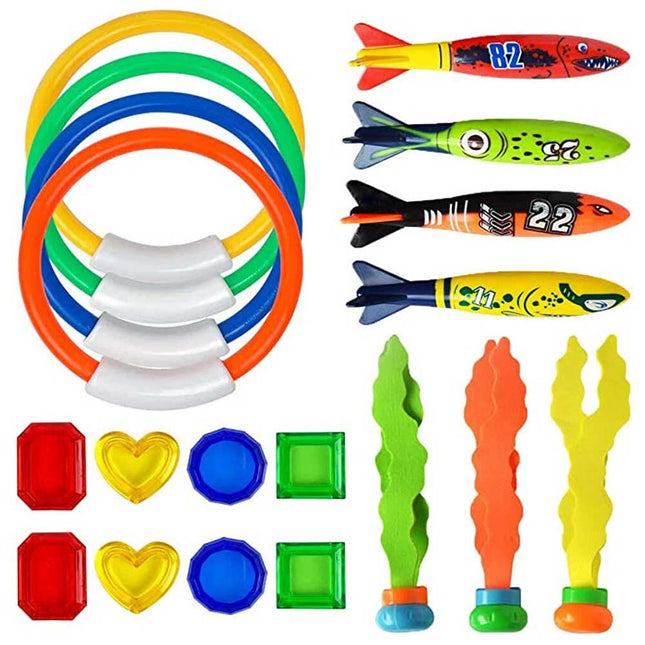 19pcs Kids Underwater Diving Toy Set, Swimming Pool Dive Rings & Seaweeds