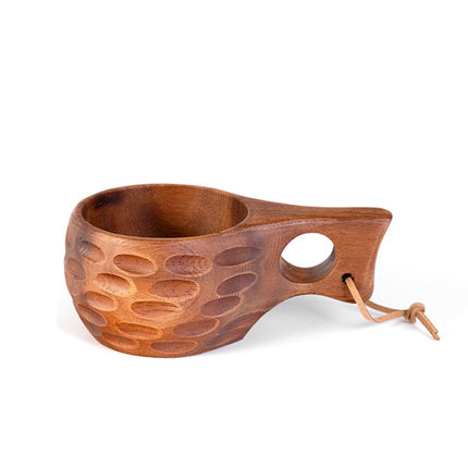 Finnish Kuksa Mug Portable Acacia Wood Handle Cowhide Rope Hook Cup