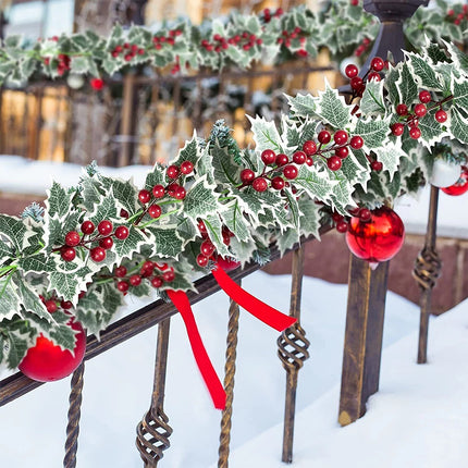2Pcs 2.2M Christmas Holly Garland Fake Red Berries Artificial Greenery