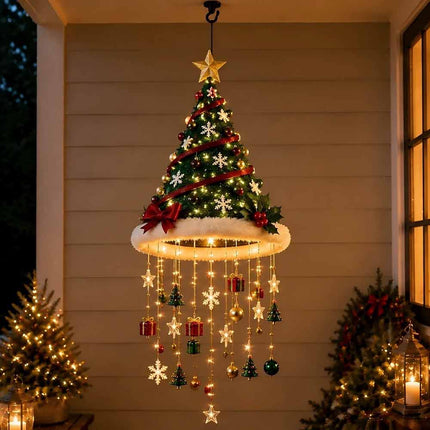 Lighted Santa Hat Chandelier Hanging Decor with Glowing Star Tassel