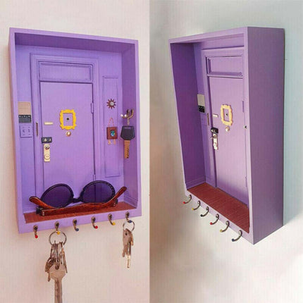 Rustic Wooden Purple Key Holder with Hooks, Entryway Shelf Wall Decor