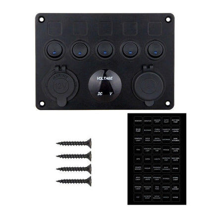 5 Gang Campervan RV 12V LED Light Switch Control Panel Voltmeter USB Charger