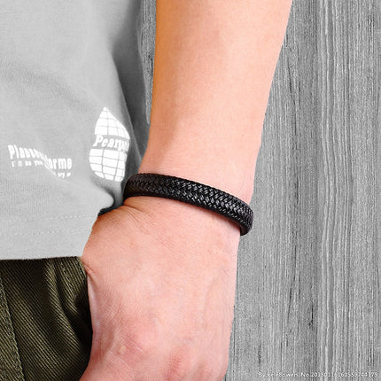 Men's 6mm Leather Braided Wristband with Magnetic Clasp, Black 21cm