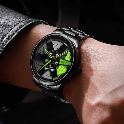 Mens Quartz Car Wheel Design Watch, Sporty Mesh Rim Wristwatch