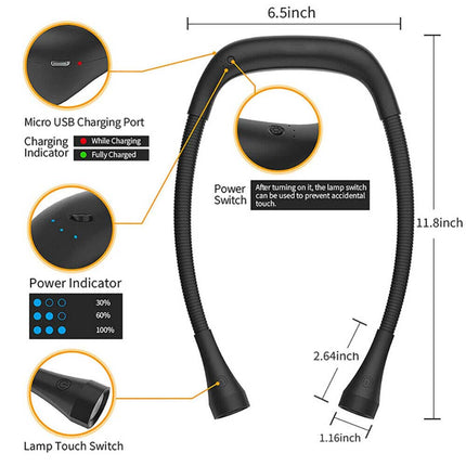 2000mAh USB Rechargeable LED Neck Reading Light, Hands-Free Bed Lamp