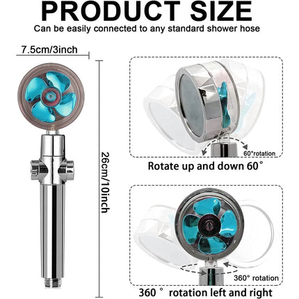 High Pressure Turbo Jet Shower Head, 3 Free Filters, Water Saving 360°