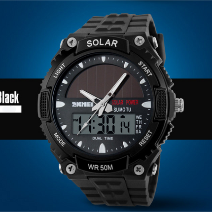 Men's Solar Sports Watch Dual Time LED Digital Waterproof Analog