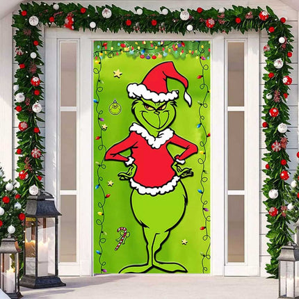 90x200cm Grinch Green Christmas Door Cover Merry Porch Sign Decor