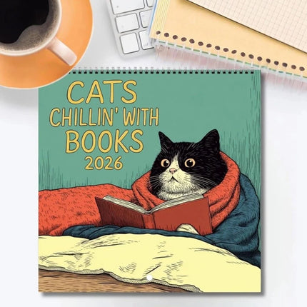 2026 Cats Chillin with Books Wall Calendar Cat Themed Illustration Planner