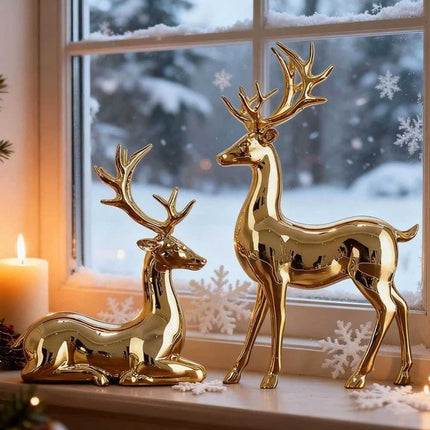 2Pcs Gold Reindeer Statues, Xmas Figurines Holiday Table Centerpiece Decor