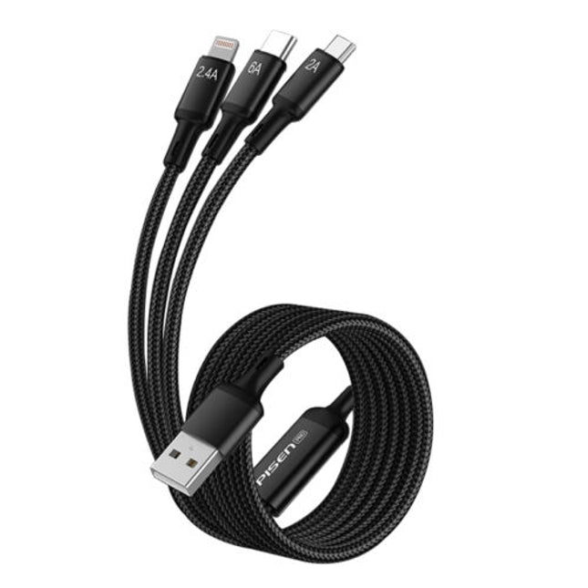 Pisen 3-in-1 Aluminum Alloy Braided Charging Cable for iPhone & Samsung
