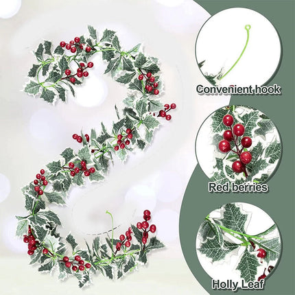 2Pcs 2.2M Christmas Holly Garland Fake Red Berries Artificial Greenery