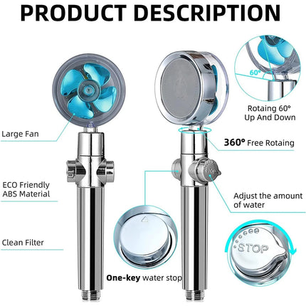 High Pressure Turbo Jet Shower Head, 3 Free Filters, Water Saving 360°
