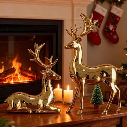 2Pcs Gold Reindeer Statues, Xmas Figurines Holiday Table Centerpiece Decor