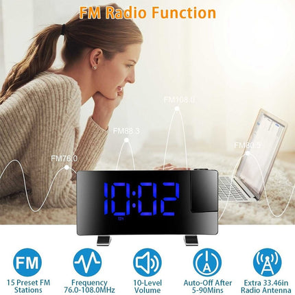LED Projection Alarm Clock with Radio, Curved Screen Digital