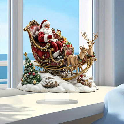 2D Santa & Reindeer Sleigh Flat Acrylic Ornament w/ Stand Desktop Decor