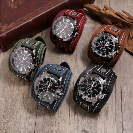 Military Retro PU Leather Strap Watch Men Punk Quartz Cuff Wristwatch