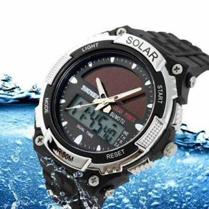 Men's Solar Sports Watch Dual Time LED Digital Waterproof Analog