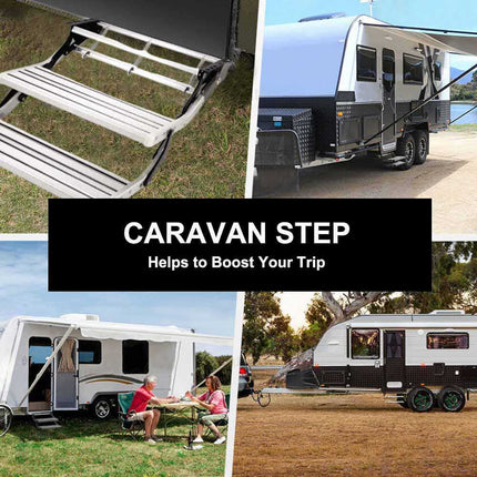 12V Electric Double Aluminium Caravan RV Step - Silver Pull-Out Drop-Down Model