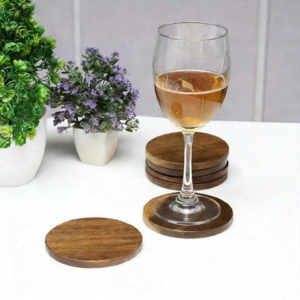 Wooden Round Coasters Set of 6 Acacia Wood for Drinks Coffee Tea Home Dining