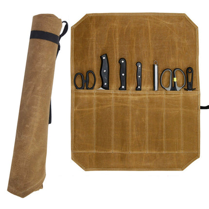 Canvas Chef Knife Roll Up Bag Khaki Portable Kitchen Knife Storage Organizer