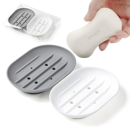 2-Pack Silicone Soap Holder with Drain Tray for Bathroom Dish